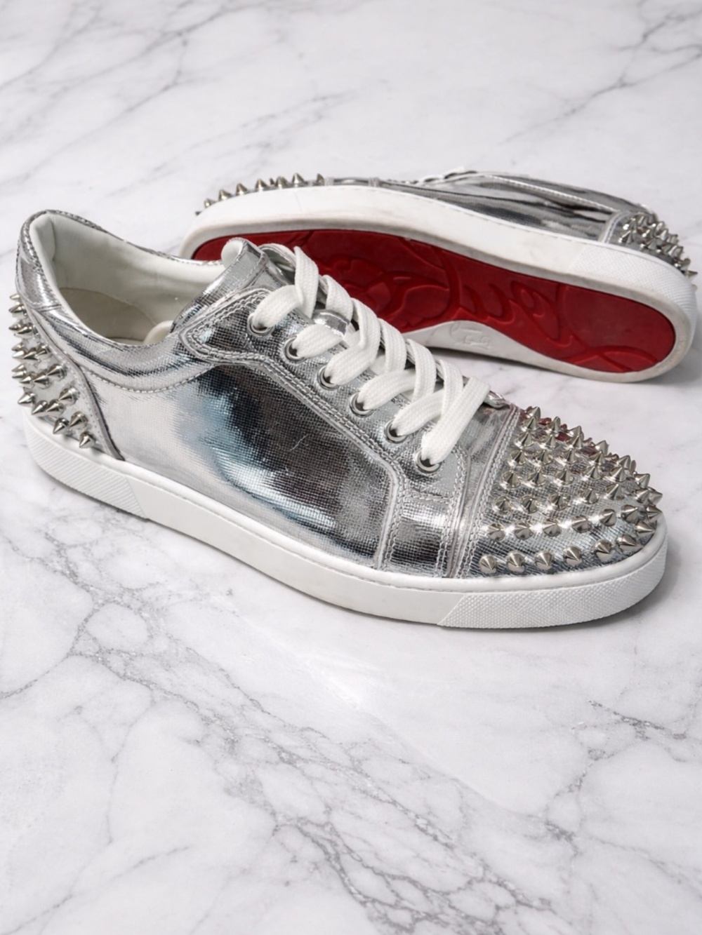 Christian Louboutin Spike Accents Patent Leather Sneakers in Silver, Women's
